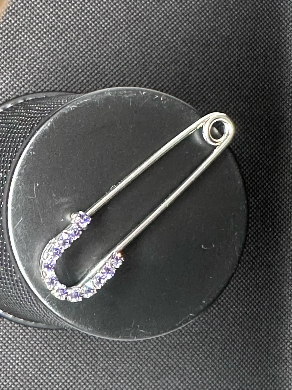 Silver Safety Pin Brooch with Purple Crystals